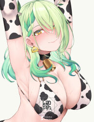 Rule 34 | 1girl, animal print, antlers, armpits, arms up, artist name, bell, bikini, blush, braid, breasts, ceres fauna, cleavage, collar, cow print, cow print bikini, cowbell, elbow gloves, french braid, gloves, green hair, highres, hololive, hololive english, horns, landacdeus, large breasts, leaf, mole, mole under eye, presenting armpit, print bikini, simple background, smile, solo, sweat, swimsuit, upper body, virtual youtuber, yellow eyes