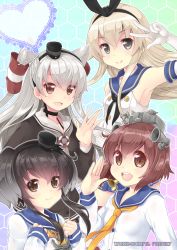Rule 34 | 10s, 4girls, :d, amatsukaze (kancolle), armpits, bare shoulders, black bow, black hair, black neckerchief, blonde hair, bow, brown dress, brown hair, choker, dress, elbow gloves, gloves, gradient hair, hairband, honeycomb (pattern), honeycomb background, honeycomb pattern, kantai collection, long hair, looking at viewer, md5 mismatch, multicolored hair, multiple girls, neckerchief, open mouth, sailor collar, sailor dress, shimakaze (kancolle), short hair with long locks, silver hair, smile, tokitsukaze (kancolle), tsukimochikuriko (tsukimochi k), two side up, w, white dress, white gloves, yukikaze (kancolle)