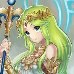 Rule 34 | 1girl, chain, commentary request, diadem, dress, forehead jewel, gold chain, green eyes, green hair, holding, holding staff, jewelry, kid icarus, kid icarus uprising, laiku n, looking at viewer, lowres, nintendo, palutena, pendant, solo, staff, strapless, strapless dress, upper body, vambraces