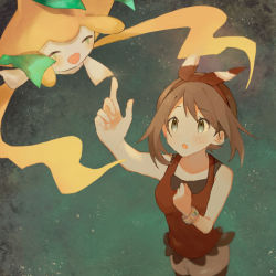Rule 34 | 1girl, :o, arm up, bad id, bad pixiv id, bike shorts, blush, bracelet, brown hair, clenched hand, commentary request, creatures (company), erua ( 8eru), finger touching, game freak, gen 3 pokemon, hairband, jewelry, jirachi, legendary pokemon, looking up, may (pokemon), mythical pokemon, nintendo, pokemon, pokemon (creature), pokemon oras, red hairband, red shirt, shirt, star (symbol), starry background