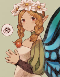 Rule 34 | 1girl, blonde hair, blush, braid, butterfly wings, closed mouth, commentary request, dress, fairy, flower, hair flower, hair ornament, insect wings, long hair, looking at viewer, maeka (kumaekake), mercedes (odin sphere), odin sphere, pointy ears, red eyes, solo, twin braids, wings
