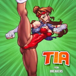 Rule 34 | 1girl, breakers, breasts, brown eyes, brown hair, brown pantyhose, cameltoe, cleavage, clenched teeth, cowboy shot, fighting stance, headband, jacket, jiggeh, kicking, leg up, leotard, lips, looking at viewer, lowres, pantyhose, ponytail, simple background, smile, solo, teeth, tia langray, traditional media, wedgie, white background, wrist wrap