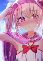 Rule 34 | 1girl, arm up, armpits, baram, blonde hair, blush, bow, cape, chestnut mouth, commentary request, day, fate/grand order, fate (series), hair between eyes, halterneck, hat, highres, illyasviel von einzbern, illyasviel von einzbern (swimsuit), illyasviel von einzbern (swimsuit archer), illyasviel von einzbern (swimsuit archer) (second ascension), long hair, looking at viewer, one-piece swimsuit, outdoors, parted lips, pink cape, pink hat, red bow, red eyes, see-through, solo, swimsuit, twintails, upper body, visor cap, wet, wet hair, white one-piece swimsuit
