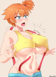 Rule 34 | 1girl, absurdres, alternate breast size, bare shoulders, blue eyes, blush, breasts, creatures (company), covered erect nipples, game freak, highres, large breasts, midriff, misty (pokemon), navel, nintendo, open mouth, orange hair, pokemon, pokemon (anime), short hair, solo, sowilo, stomach, suspenders, underboob, wardrobe malfunction
