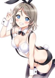 Rule 34 | 1girl, animal ears, black bow, black bowtie, black footwear, black shorts, blue eyes, blush, bow, bowtie, breasts, cleavage, collarbone, crop top, detached collar, grey hair, looking at viewer, love live!, love live! sunshine!!, medium breasts, rabbit ears, rabbit tail, sankuro (agoitei), shirt, short hair, shorts, sidelocks, simple background, smile, solo, tail, thighhighs, v, watanabe you, white background, white shirt, wrist cuffs