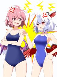 Rule 34 | 2girls, ahoge, anger vein, animal ears, artist name, bare arms, bare legs, bare shoulders, bird ears, bird wings, blue hair, blue one-piece swimsuit, blush, collarbone, commission, competition swimsuit, cowboy shot, grey hair, groin, hair between eyes, head wings, highres, multicolored hair, multiple girls, mystia lorelei, one-piece swimsuit, open mouth, pink eyes, pink hair, red wings, rise (rise19851203), school swimsuit, second-party source, short hair, signature, single head wing, skeb commission, swimsuit, tokiko (touhou), touhou, two-tone hair, white wings, wings