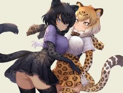 Rule 34 | 2girls, animal ears, belt, black hair, black jaguar (kemono friends), black legwear, black neckwear, black skirt, blonde hair, blouse, blush, bow, bowtie, breast pocket, breasts, center frills, commentary, cross-eyed, elbow gloves, frills, from side, frown, fur collar, gloves, gradient hair, grey eyes, guchico, hair between eyes, hand on another&#039;s waist, high-waist skirt, jaguar (kemono friends), jaguar ears, jaguar print, jaguar tail, kemono friends, large breasts, looking at viewer, miniskirt, multicolored hair, multiple girls, pocket, print gloves, print legwear, print neckwear, print skirt, purple shirt, shirt, short hair, short sleeves, simple background, skindentation, skirt, tail, thighhighs, v-shaped eyebrows, white hair, white shirt, yellow eyes, yellow legwear, yellow skirt