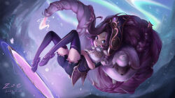 Rule 34 | 1girl, absurdres, animal, ass, braid, character name, closed mouth, commentary request, dated, glowing, highres, holding, holding animal, league of legends, long hair, multicolored background, official alternate costume, portal (object), purple shorts, purple thighhighs, red hair, sheep, short sleeves, shorts, smile, solo, thighhighs, very long hair, winterblessed zoe, zoe (league of legends), zoeqwq