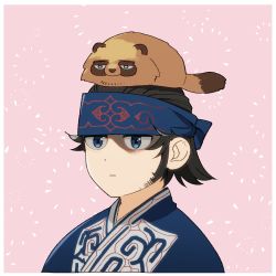 Rule 34 | 1boy, animal, animal on head, black hair, blue headband, blue kimono, closed mouth, commentary request, framed, golden kamuy, headband, highres, japanese clothes, kimono, kiroranke, looking away, ma kns, male focus, on head, pink background, simple background, solo