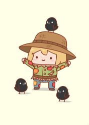Rule 34 | 1girl, absurdres, alternate costume, animal, animal on head, bird, blonde hair, blush stickers, brown hat, buttons, chibi, crow, full body, hat, highres, hololive, hololive english, jacket, looking at viewer, multicolored clothes, multicolored jacket, multicolored pants, on head, outstretched arms, pants, patchwork clothes, phdpigeon, rope belt, scarecrow, short hair, simple background, smile, solid circle eyes, solo, spread arms, straw hat, virtual youtuber, watson amelia, yellow background