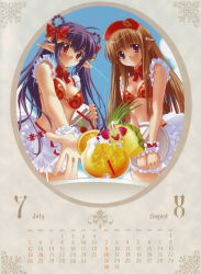 Rule 34 | 00s, 2009, 2girls, :o, absurdres, antenna hair, apron, august, bikini, bikini top only, blue hair, blush, bow, bowtie, braid, breasts, brown hair, calendar, carnelian, cherry, cleavage, cloud, detached collar, drink, drinking straw, embarrassed, fairy factory, fingernails, flower, food, foreshortening, frills, fruit, hair bow, hat, highres, holding, ice, july, long fingernails, long hair, looking at viewer, midriff, multiple girls, orange (fruit), outdoors, outstretched hand, pineapple, pointy ears, print bikini, purple eyes, purple hair, red eyes, robot ears, scan, seika (fairy factory), sidelocks, sky, smile, swimsuit, table, touka (fairy factory), transparent, tray, twin braids, twintails, underboob, very long hair, waist apron, waitress, wrist cuffs