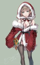 Rule 34 | 1girl, ao+beni, black bra, black thighhighs, box, bra, breasts, brown hair, christmas, cleavage, coat, commentary request, dated, detached hood, fur-trimmed coat, fur-trimmed hood, fur trim, gift, gift box, green eyes, grey background, highres, holding, holding gift, hood, hood up, lips, long sleeves, medium breasts, off shoulder, original, panties, panty peek, pom pom (clothes), red coat, santa costume, short hair, signature, sleeves past fingers, sleeves past wrists, smile, solo, thighhighs, underwear