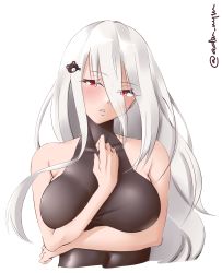 Rule 34 | 1girl, absurdres, bare shoulders, black bodysuit, blush, bodysuit, breasts, commentary, crossed arms, english commentary, girls&#039; frontline, hair between eyes, hair ornament, hairclip, hand on own chest, highres, large breasts, long hair, looking at viewer, nym+ (nymplus), open mouth, parted lips, pk (girls&#039; frontline), red eyes, sidelocks, solo, upper body, white background, white hair