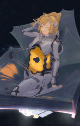 Rule 34 | 1girl, absurdres, adjusting hair, blonde hair, commentary, english commentary, hexagon, highres, james webb space telescope, joints, looking at viewer, mecha musume, mithiril, nasa, nasa logo, one eye closed, original, parted lips, personification, real life, robot joints, satellite, solo, space, spacecraft, stirrup legwear, telescope, toeless legwear, yellow eyes