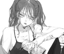 Rule 34 | 1girl, bandaid, bandaid on arm, bandaid on hand, bare shoulders, breasts, can, drinking straw, earrings, eyelashes, eyeliner, fingernails, glaring, greyscale, injury, jewelry, long hair, looking at viewer, makeup, monochrome, niku (fjs 1018), original, ring, scar, sharp fingernails, simple background, small breasts, solo, torn clothes, twintails, white background