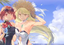 Rule 34 | 2girls, arm behind head, bare shoulders, black one-piece swimsuit, blonde hair, blue sky, breast press, breasts, chest jewel, competition swimsuit, cup, day, drink, earrings, eyewear on head, fujie-yz, gem, grin, hat, highres, holding, holding cup, holding drink, jewelry, large breasts, long hair, looking at viewer, multiple girls, mythra (radiant beach) (xenoblade), mythra (xenoblade), one-piece swimsuit, outdoors, pyra (pro swimmer) (xenoblade), pyra (xenoblade), red eyes, red hair, short hair, sky, smile, strapless, strapless one-piece swimsuit, sun hat, sunglasses, swept bangs, swimsuit, symmetrical docking, upper body, very long hair, white one-piece swimsuit, xenoblade chronicles (series), xenoblade chronicles 2, yellow eyes