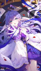 Rule 34 | 1girl, absurdres, akovo, bare shoulders, bead bracelet, beads, bracelet, choker, collar, dress, gloves, green eyes, halo, halo behind head, head wings, highres, honkai: star rail, honkai (series), jewelry, long hair, looking at viewer, lying, musical note ornament, outstretched arm, pearl bracelet, purple choker, purple collar, purple dress, purple hair, purple sleeves, robin (bird), robin (honkai: star rail), solo, strapless, strapless dress, two-tone dress, white dress, white gloves, white wings, wings