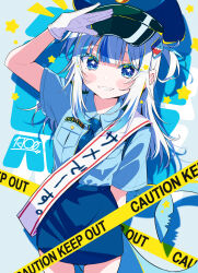 Rule 34 | 1girl, absurdres, blue eyes, caution tape, fins, fish tail, gawr gura, highres, hololive, hololive english, shark tail, sharp teeth, tail, teeth, virtual youtuber, white hair