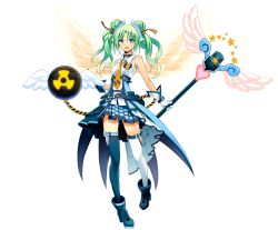 Rule 34 | 1girl, angel wings, belt, blue eyes, bomb, c.s., cosmic break, double bun, explosive, green hair, hair bun, highres, idol, microphone, necktie, nuclear weapon, official art, pleated skirt, radiation symbol, skirt, solo, thighhighs, twintails, weapon of mass destruction, wings