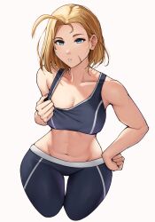 1girl abs antenna_hair black_pants blonde_hair blue_sports_bra breasts cammy_white clothes_pull collarbone commentary cropped_legs english_commentary facial_scar hand_on_own_hip highres luxpineapple medium_breasts narrow_waist pants scar scar_on_cheek scar_on_face short_hair solo sports_bra sports_bra_pull street_fighter street_fighter_6 thigh_gap wide_hips yoga_pants