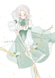 Rule 34 | 1girl, arrow (projectile), ascot, boots, bow (weapon), breasts, brooch, cleavage, closed mouth, cross-laced footwear, dated, detached sleeves, flower, frilled skirt, frills, gem, genderswap, genderswap (mtf), glasses, green ascot, green gemstone, green skirt, grey hair, holding, holding arrow, holding bow (weapon), holding weapon, jewelry, lace-up boots, littletreeee, long sleeves, looking to the side, medium breasts, parted bangs, puffy long sleeves, puffy sleeves, rose, simple background, skirt, solo, tears of themis, thick eyebrows, twitter username, vyn richter (tears of themis), weapon, white background, white flower, white footwear, white rose, white sleeves, yellow eyes