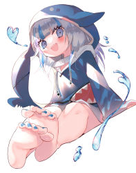 Rule 34 | 1girl, animal hood, bad id, bad pixiv id, barefoot, blue eyes, blue hair, blue nails, blunt bangs, blush, eyelashes, eyes visible through hair, fins, fish tail, floating, gawr gura, grey hair, heart, highres, hinamori (18ar0), hololive, hololive english, hood, hood up, long hair, looking at viewer, multicolored hair, nail polish, no shoes, open mouth, shark hood, shark tail, sharp teeth, simple background, sitting, sleeves past wrists, smile, soles, solo, stitches, streaked hair, tail, teeth, toenail polish, toenails, toes, upper teeth only, virtual youtuber, water, white background