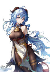 Rule 34 | 1girl, absurdres, ahoge, bare shoulders, bell, black gloves, black pantyhose, blue hair, breasts, chinese knot, commentary request, curled horns, detached sleeves, ganyu (genshin impact), genshin impact, gloves, gold trim, hair between eyes, hd-hlh-3h, highres, horns, long hair, looking at viewer, medium breasts, neck bell, pantyhose, purple eyes, simple background, smile, solo, standing, tassel, thighlet, white background, white sleeves