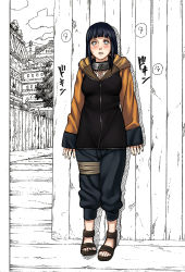 Rule 34 | 1girl, black hair, blue hair, cloud, colorized, comic, day, female focus, fence, fishnets, hyuuga hinata, kishimoto masashi, monochrome, monochrome background, naruto (series), naruto shippuuden, official art, outdoors, partially colored, power lines, sandals, solo, standing, third-party edit, tree, wall, white eyes