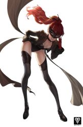 Rule 34 | 1girl, black jacket, black thighhighs, breasts, gloves, highres, jacket, leotard, long hair, mask, persona, persona 5, persona 5 the royal, ponytail, red eyes, red gloves, red hair, simple background, solo, thighhighs, whispwill, yoshizawa kasumi