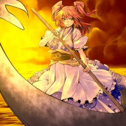 Rule 34 | 1girl, boat, female focus, hair between eyes, hair bobbles, hair ornament, japanese clothes, onozuka komachi, outdoors, red eyes, red hair, scythe, serious, short hair, sky, solo, sunset, touhou, tro, twintails, two side up, water, watercraft, weapon