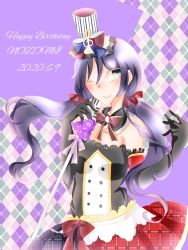 Rule 34 | 1girl, artist name, artist request, back bow, back ribbon, bare shoulders, black choker, black gloves, black ribbon, blue bow, blue ribbon, blush, bow, breasts, cafe maid (love live!), checkered clothes, checkered skirt, choker, cleavage, collarbone, detached collar, elbow gloves, female focus, flower, garter straps, gloves, green eyes, hat, highres, holding, holding microphone, holding microphone stand, long hair, looking at viewer, love live!, love live! school idol festival, love live! school idol project, low twintails, microphone, microphone stand, mini hat, miniskirt, musical note, one eye closed, plaid, plaid skirt, purple flower, purple hair, purple rose, ribbon, rose, scrunchie, skirt, smile, solo, thighhighs, top hat, tojo nozomi, twintails, zettai ryouiki