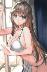 Rule 34 | 1girl, bare arms, bare shoulders, blue eyes, bra, breasts, cleavage, commentary request, from side, grey hair, highres, large breasts, long hair, looking at viewer, looking to the side, original, panties, parted lips, ran&#039;ou (tamago no kimi), solo, sunlight, underwear, white bra, white panties, window