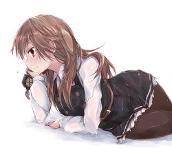 Rule 34 | 10s, 1girl, arashio (kancolle), arashio kai ni (kancolle), arm support, belt, belt buckle, blush, brown hair, brown pantyhose, buckle, buttons, closed mouth, collared shirt, double-breasted, dress, frilled dress, frills, head rest, holding, kantai collection, long hair, long sleeves, lying, on side, pantyhose, pinafore dress, profile, red eyes, searchlight, shirt, simple background, sleeveless, sleeveless dress, smile, solo, white background, white shirt, wing collar, yumesato makura