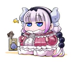 Rule 34 | 10s, 1girl, :/, blunt bangs, blush, capelet, chibi, closed mouth, dragon girl, dragon horns, dragon tail, electric plug, electrical outlet, fat, full body, hairband, horns, jitome, kanna kamui, kobayashi-san chi no maidragon, light purple hair, lightning bolt symbol, long hair, low twintails, simple background, sitting, sleeves past wrists, smoke, solo, tail, thighhighs, twintails, very long hair, white thighhighs, yunaka (259808)