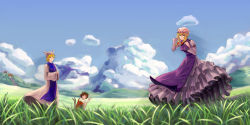 Rule 34 | 3girls, animal ears, armband, blonde hair, blue sky, blurry, bow, breasts, brown hair, cat ears, chen, cloud, day, depth of field, dress, field, frilled dress, frills, grass, green hat, hair bow, hair up, hakurei shrine, hand in own hair, hat, hat ribbon, highres, hill, long sleeves, looking at viewer, medium breasts, mob cap, mountain, multiple girls, multiple tails, naipi sang, nature, no tail, no tails, outdoors, own hands together, payout, red skirt, ribbon, scenery, short hair, sidelocks, skirt, sky, stairs, tabard, tail, torii, touhou, two tails, vest, waving, white dress, wind, yakumo ran, yakumo yukari