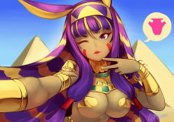 Rule 34 | 1girl, ;), animal ears, blonde hair, blunt bangs, bracelet, breasts, cleavage, dark-skinned female, dark skin, egyptian, egyptian clothes, fate/grand order, fate (series), gold, hair tubes, hairband, heart, jewelry, long hair, longjunt, looking at viewer, medium breasts, multicolored hair, nitocris (fate), nitocris (third ascension) (fate), one eye closed, parted lips, purple eyes, purple hair, pyramid (structure), reaching, reaching towards viewer, revealing clothes, selfie, sidelocks, smile, solo, spoken heart, two-tone hair, upper body, v