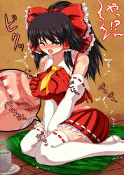 Rule 34 | 1girl, bare shoulders, black hair, blush, bow, breasts, censored, closed eyes, cunnilingus, cup, detached sleeves, female focus, grabbing, grabbing another&#039;s breast, hair tubes, hakurei reimu, hand under clothes, highres, large bow, large breasts, mosaic censoring, n (dai n honpo), open mouth, oral, panties, ponytail, pussy, red panties, reimu nimutyuu, see-through, sitting, skirt, solo focus, striped clothes, striped panties, thighhighs, tongue, tongue out, touhou, trembling, underwear, v arms, wariza, wet, wet clothes, wet panties, white panties, white thighhighs