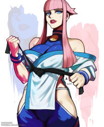 Rule 34 | 1girl, adjusting belt, aurahack, belt, black belt, blue eyes, blue pants, breasts, capcom, commentary, dougi, english commentary, eyeshadow, halterneck, highres, hip vent, large breasts, lipstick, looking at viewer, makeup, manon legrand, martial arts belt, off shoulder, pants, pink hair, purple lips, revealing clothes, short hair with long locks, solo, standing, street fighter, street fighter 6, thighs, wristband, zoom layer