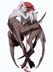 1girl absurdres animal_ears antlers arched_back bird_tail bird_wings blunt_ends breasts brown_horns colored_skin crrn deer_ears expressionless feathered_wings from_side full_body highres holding holding_own_hair hooves horns leaning_back long_hair monster_girl original red_eyes scar scar_on_arm scar_on_chest scars_all_over signature simple_background solo tail taur too_many white_background white_hair white_skin wings