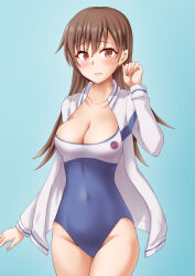 Rule 34 | 1girl, anti (untea9), breasts, brown hair, cleavage, high school fleet, highres, kantai collection, large breasts, medium breasts, one-piece swimsuit, ooi (kancolle), school swimsuit, solo, swimsuit
