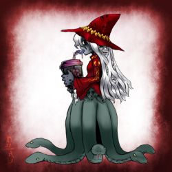 Rule 34 | 1girl, brain, colored skin, creepy, cthulhu mythos, cup, drinking straw, grey skin, hat, hydra (lovecraft), long tongue, monster girl, multiple faces, personification, red eyes, snake, solo, tentacles, tongue, tongue out, white hair, witch hat, yagi mutsuki
