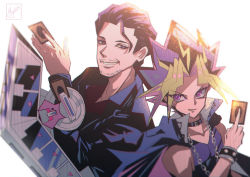 Rule 34 | 2boys, artist name, bare shoulders, belt collar, black eyes, black hair, black jacket, blonde hair, blue jacket, bracelet, card, chain, collar, commentary, duel disk, facial hair, high collar, holding, holding card, jacket, jacket on shoulders, jewelry, long sleeves, looking at viewer, male focus, miyukiko, multicolored hair, multiple boys, muto yugi, purple eyes, real life, red hair, signature, simple background, size difference, sleeveless, smile, spiked hair, stubble, takahashi kazuki (person), tank top, upper body, white background, yami yugi, yu-gi-oh!, yu-gi-oh! duel monsters
