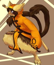 Rule 34 | 1boy, animal ears, animal hood, arc system works, bad id, bad pixiv id, blazblue, brown background, cat, cat ears, cat hood, cat tail, eyepatch, furry, furry male, highres, hood, jubei (blazblue), male focus, multiple tails, red eyes, solo, tail