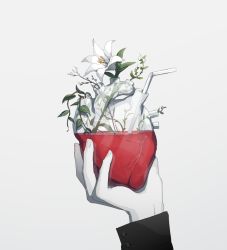 Rule 34 | 1other, avogado6, blood, commentary request, drinking straw, fingernails, flower, grey background, head out of frame, heart (organ), holding, long sleeves, original, simple background, tagme, white flower