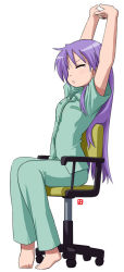 Rule 34 | 00s, 1girl, arms up, barefoot, chair, full body, hiiragi kagami, lucky star, nagian, pajamas, simple background, solo, stretching, white background