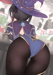 Rule 34 | 1girl, ass, ass focus, bent over, black hair, black pantyhose, blue hat, blue leotard, blurry, capelet, depth of field, detached sleeves, earrings, from behind, genshin impact, hair ribbon, hat, highres, jewelry, kanju, leotard, long hair, mona (genshin impact), pantyhose, purple hat, ribbon, solo, standing, thigh gap, twintails, witch hat