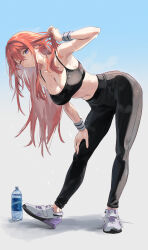 Rule 34 | 1girl, absurdres, bent over, black pants, black sports bra, blush, bottle, breasts, cleavage, full body, gradient background, hair between eyes, hand on own knee, highres, holding, holding own hair, large breasts, long hair, looking at viewer, midriff, one eye closed, original, pants, parted lips, plastic bottle, purple eyes, red hair, sakazuki sudama, shoes, sneakers, solo, sports bra, standing, steaming body, sweat, sweatband, teeth, very long hair, water bottle, white footwear, wristband, yoga pants