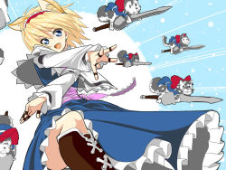Rule 34 | 1girl, alice margatroid, animal ears, blonde hair, blue eyes, boots, capelet, cat, cat ears, crossed arms, dog, extra ears, fang, hairband, kemonomimi mode, lance, lolita hairband, looking at viewer, open mouth, panties, pantyshot, polearm, puppet rings, q kikuchi, ring, solo, touhou, underwear, weapon
