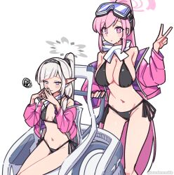 Rule 34 | 2girls, @ @, bikini, black bikini, blue archive, blush, breasts, eimi (blue archive), eimi (swimsuit) (blue archive), goggles, grey hair, groin, hairband, halo, highres, himari (blue archive), jacket, large breasts, long hair, multiple girls, navel, off shoulder, official alternate costume, pink eyes, pink hair, pink jacket, ponytail, purple eyes, side-tie bikini bottom, sideboob, ski goggles, small breasts, squiggle, steepled fingers, stomach, swimsuit, tsunderemaids, v, very long hair, wheelchair
