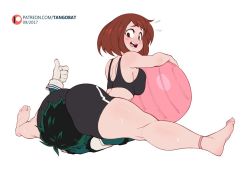 Rule 34 | 1boy, 1girl, 2017, anklet, ass, ass focus, ball, barefoot, bike shorts, blush stickers, boku no hero academia, breast press, breasts, brown eyes, brown hair, dated, exercising, exercise ball, face in ass, gloves, green hair, hetero, huge ass, jewelry, kneepits, large breasts, midoriya izuku, patreon username, short hair, sideboob, sitting, sitting on face, sitting on person, solo focus, sports bra, tangobat, thighs, thumbs up, toe scrunch, toes, uraraka ochako, white background